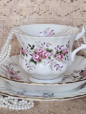 Original Issue Early Production 1960's Royal Albert Lavender Rose Teacup Trio
